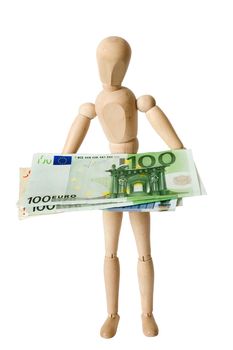 The wooden figure holds euro. Isolated on white [with clipping path].