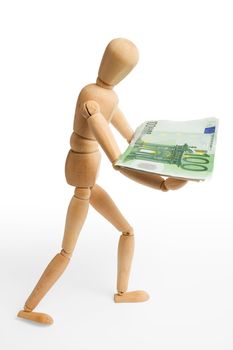 The wooden figure holds euro. Isolated on white [with clipping path].