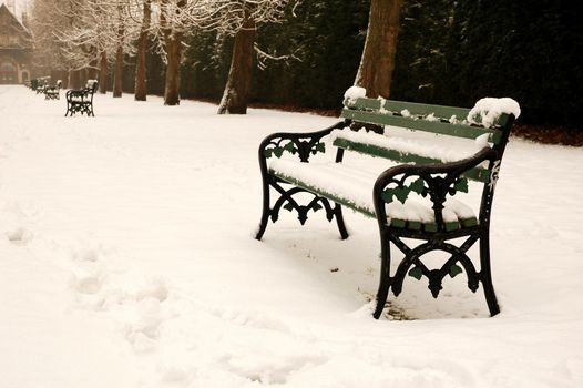bench covered by snow, horizontally framed shot