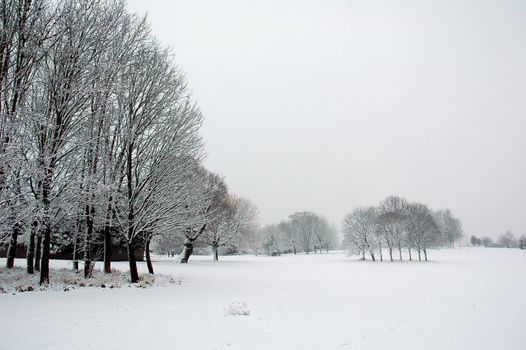 Cardiff Bute park covered by snow, horizontally framed picture