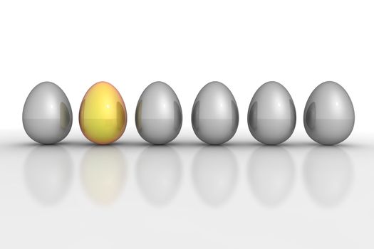 six metallic eggs ordered in a line - five eggs grey, one egg gold