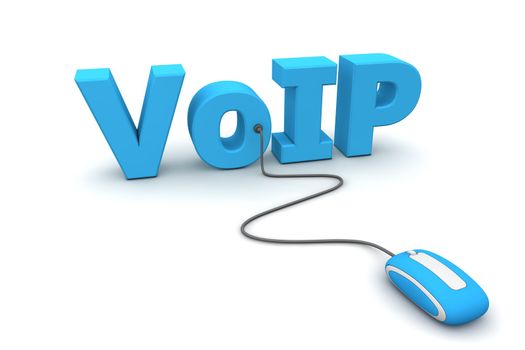 modern blue computer mouse connected to the blue word VoIP