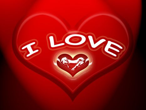 Red Heart Background with I Love Inscription and Bright Brilliant Heart