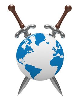 two sword and globe on white background. Isolated 3D image