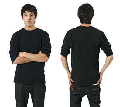 Young asian male with blank long sleeve black shirt, front and back. Ready for your design or logo.