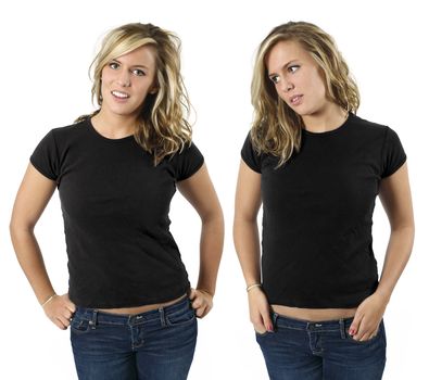 Young beautiful blond female with blank black shirts, front views. Ready for your design or logo.