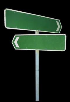 Two blank signboards, pointing in opposite directions, on a black background. Clipping path included so signs can be placed on any background.