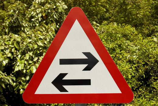A two-way sign, arrows pointing in opposite directions, on a green leafy background. Clipping path included so sign can be isolated.