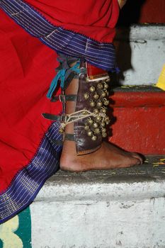 Close up of a devotee's leg at Thaipusam event celebrating Lord Murugan