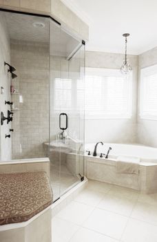 Upscale neutral-toned bathroom with jacuzzi tub and shower. Vertical format.