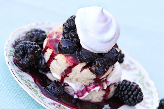Delicious fresh made biscuits filled and topped with blackberry and blueberry filling, garnished with whipped cream. 