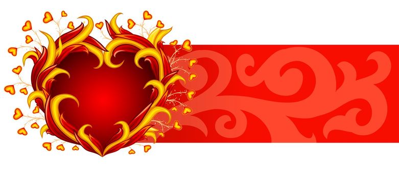 red banner with burning heart � vector illustration