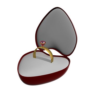 Gold ring with a stone in gift packing. 3D image.