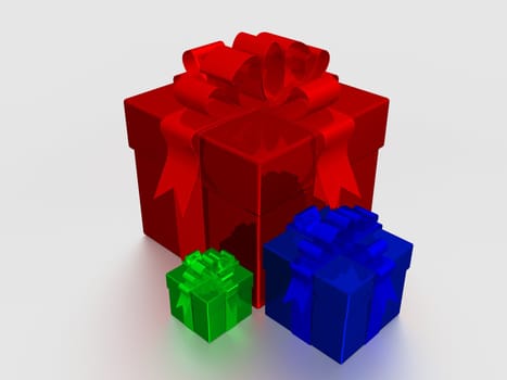 Three multi-coloured gift boxes. 3D image.