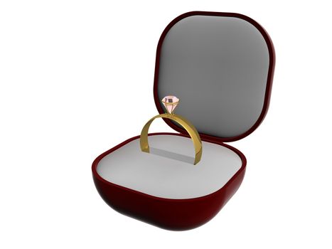 Gold ring with a stone in gift packing. 3D image.