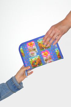 women and child hands hold the pencil case         