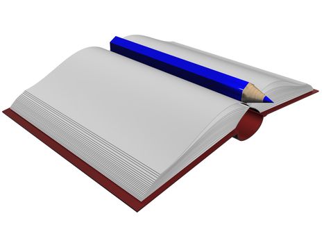 The isolated illustration of the book and pencil. 3D image.