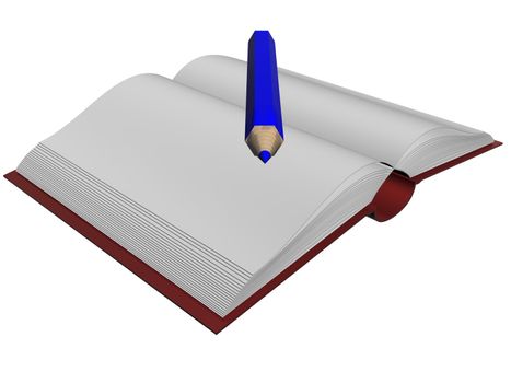 The isolated illustration of the book and pencil. 3D image.