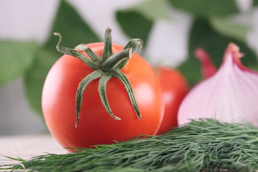 Tomato against red salad onions removed close up