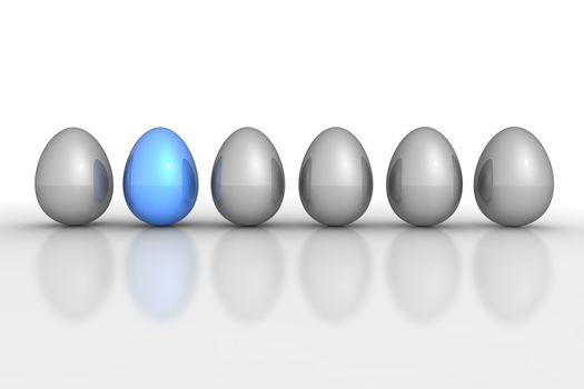 six metallic eggs ordered in a line - five eggs grey, one egg blue