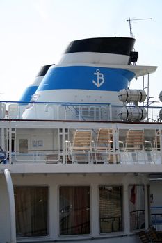 Exhaust pipe of the motorship moored at the central quay in Volgograd, (look similar images in my portfolio)