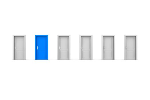 line of six doors, five grey doors, one blue door - door and door frame, no walls