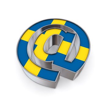 silver shiny chrome @-symbol on white background with Sweden-flag texture