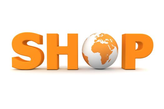 orange word Shop with 3D globe replacing letter O