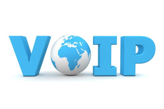 blue word VoIP with 3D globe replacing letter O