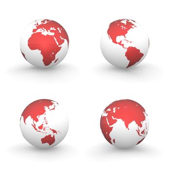 four views of a 3D globe with shiny red continents and a white ocean