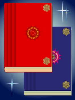 two vector magic books against dark blue background with stars