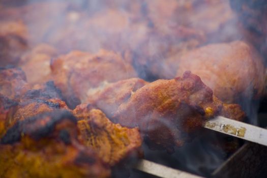 Tasty shish kebab on household picnic