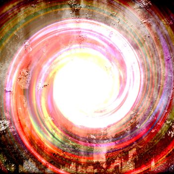 An abstract grungy vortex or tunnel with a bright light coming from the center.