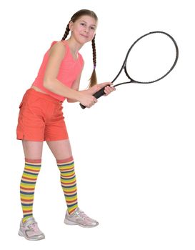 The little girl with a tennis racket it is isolated on a white background
