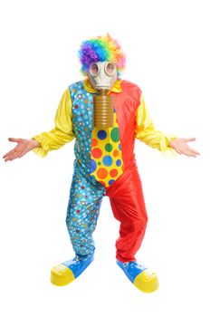 a man in a clown costume wearing a gasmask on a white background