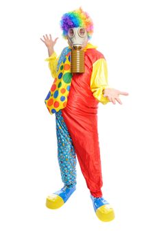 a man in a clown costume wearing a gasmask on a white background