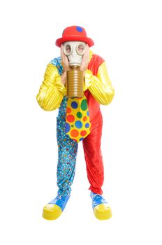 a man in a clown costume wearing a gasmask on a white background