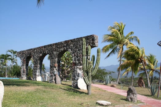 Arches and palm trees with cactus