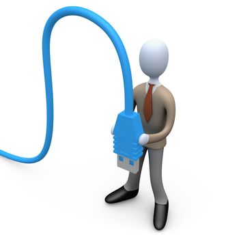 Computer Generated Image - Business Man Holding A Computer Cable.