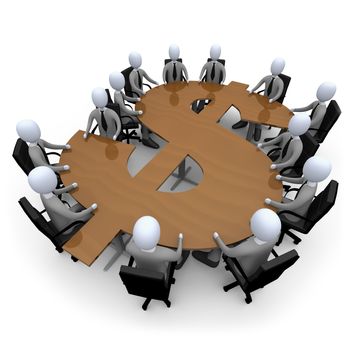 3d people having a meeting on a dollar shaped table.