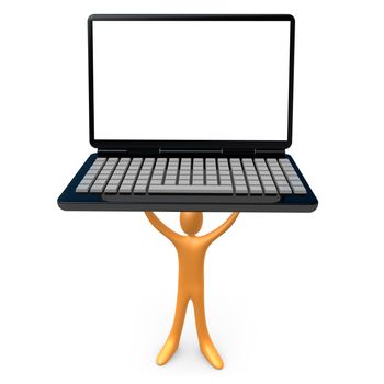 3d person holding a laptop with an empty screen .