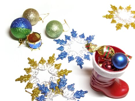 A lot of multicolored decorations in Christmas boot