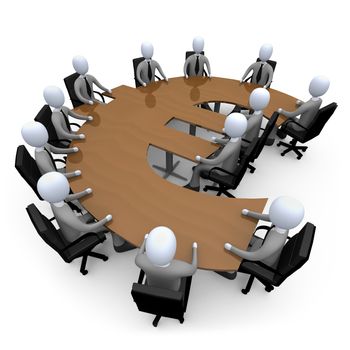 3d people having a meeting around a euro-shaped table.