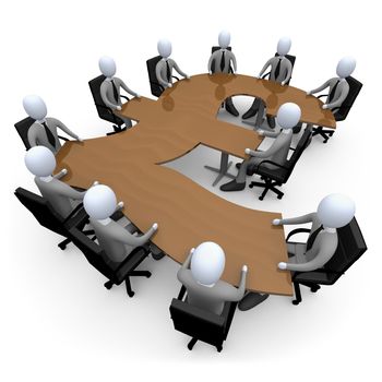 3d people having a meeting around a pound-shaped table .
