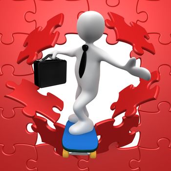 3d businessman on a skateboard jumping through a puzzle wall.