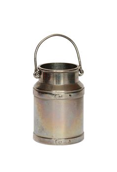 Miniature model of retro metal milk can isolated on white with clipping path