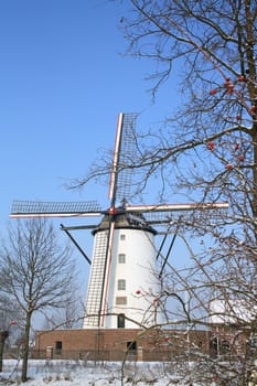 Nice white windmill on winter background with tree and blue sky
