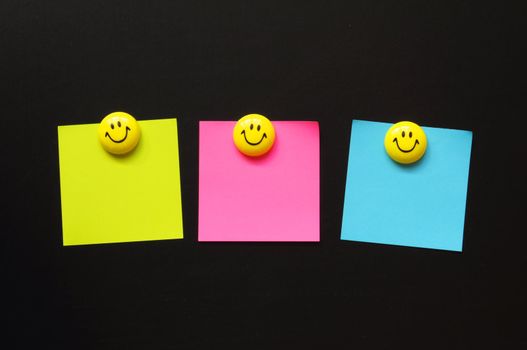 note paper on black blackboard or chalkboard with copyspace and smile