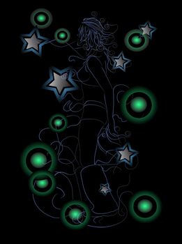 neon style illustration of dancing girl over the black background