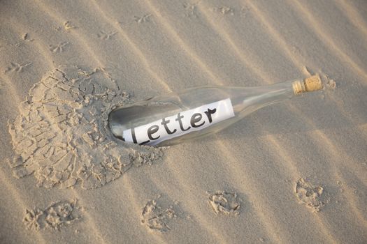 A clear glass bottle washed up on the beach